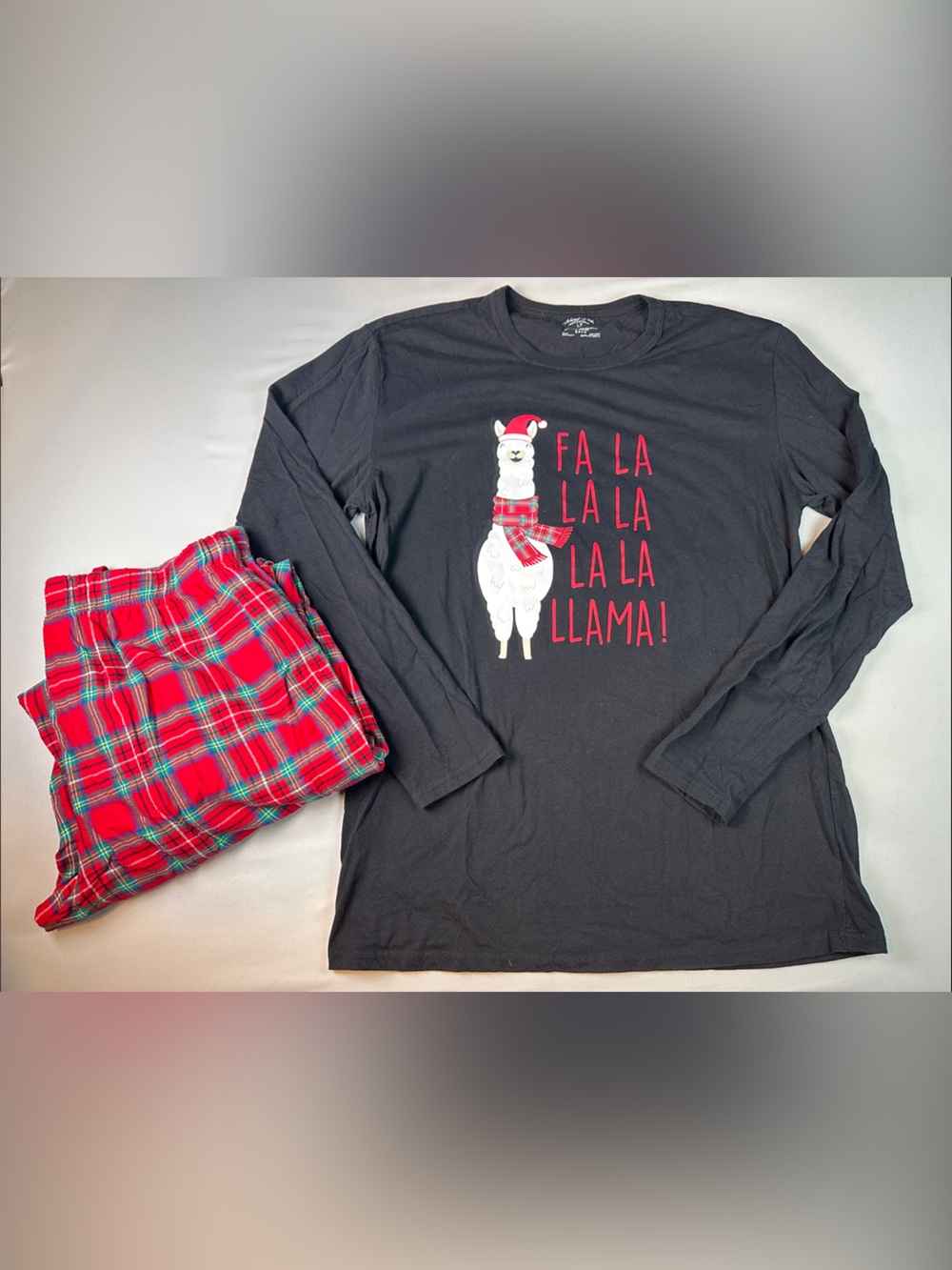 Men's Black Holiday Llama Long-Sleeve Shirt Red Plaid Pajama Set Large Tall